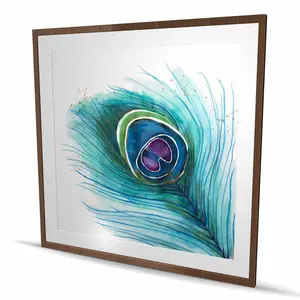 212 MAIN Wood Framed Matted Print - 48x48 in. Artistic Peacock Feather Detail Wall Art, Vibrant Nature Photo for Home Room Decor Supplies