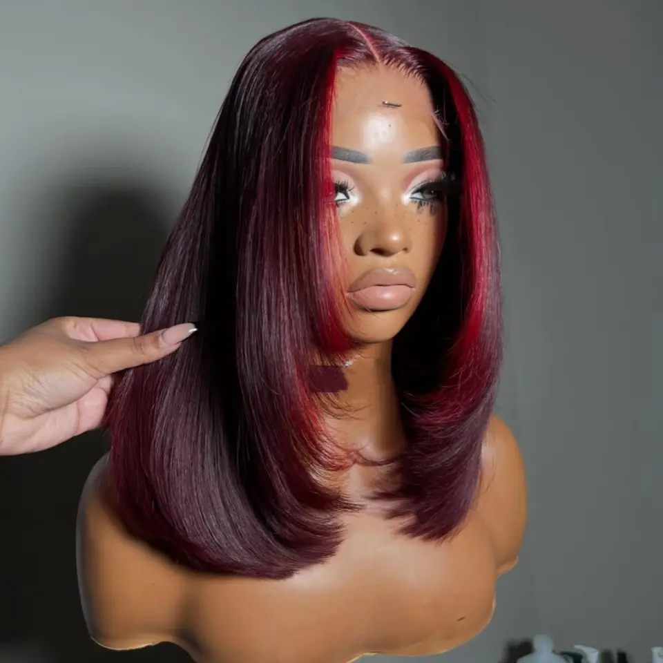 Ruby 99J Red Colored Short Bob Wig Human Hair Wigs 13X4 Lace Frontal Wigs Bob Wig Human Hair Wigs For Women 180% Density Transparent Lace, Raw Hair Wig, Tangle Free