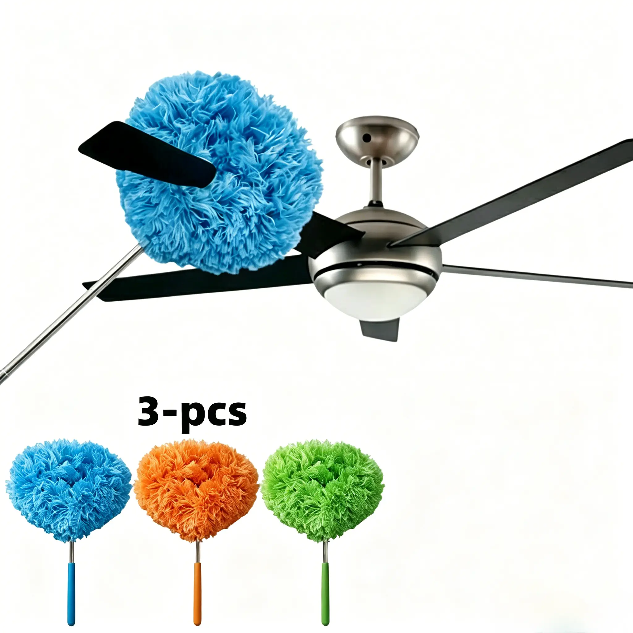 3 Pack Telescopic Microfiber Duster with Adjustable Extension Pole, Washable Reusable Dust Cleaner for Ceiling Fan Blades, High Ceilings, Cobwebs, Walls & Window Surfaces Extendable Extendable