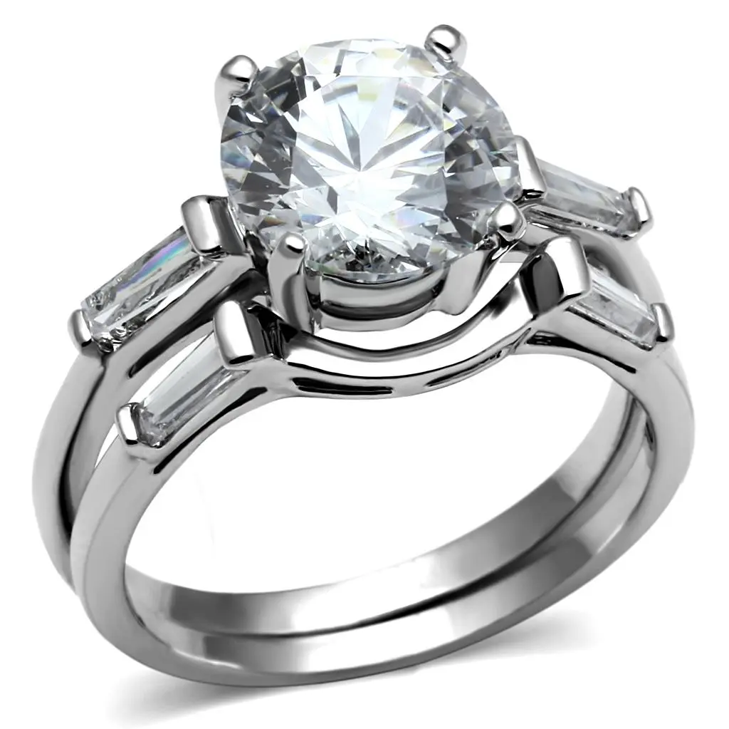 3.50 Ct Round and Baguette Cut CZ Wedding Ring Set in Stainless Steel