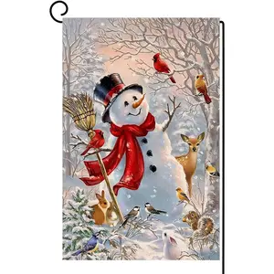 BLKWHT Winter Snowman Garden Flag 12x18 Vertical Double Sided Christmas Deer Cardinal Bird Holiday Outside Decorations Burlap Yard Flag BW727