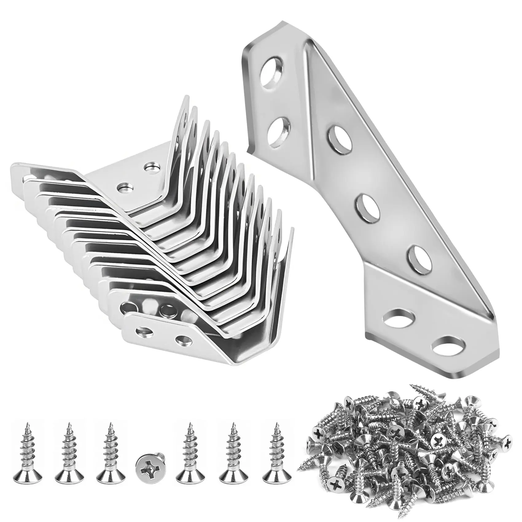 Stainless Steel Corner Brackets for Wood, Sturdy Heavy Duty Bracket,Multipurpose Corner Braces (Set of 10 + 60 Screws), Furniture Table Chair Damage Reinforcement Connector， L Bracket