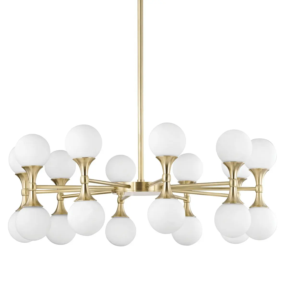 Astoria Chandelier - 20 Light Aged Brass Fixture with Opal Matte Glass Globes for Retro Chic Elegance