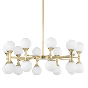 Astoria Chandelier - 20 Light Aged Brass Fixture with Opal Matte Glass Globes for Retro Chic Elegance