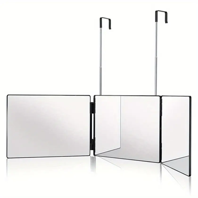 New 360° rotating 3-Way Trifold Mirror - Height Adjustable with Hooks for Effortless Self-Hair Cutting & Makeup Application Glass Plastic