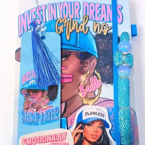 Blue Aesthetic Journal Gift Set | Invest in Your Dreams Notebook | Boss Babe Planner Bundle | Luxury Beaded Pen Set
