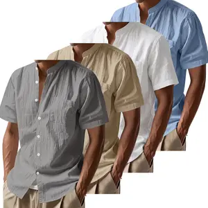 2-Pack Men’s Casual Lightweight Breathable Shirt, Stand Collar Single-Breasted, Short Sleeve, Summer Beach Style with Pockets — Suitable for Vacation, Daily Wear, Commuting, and Outdoor Outfits