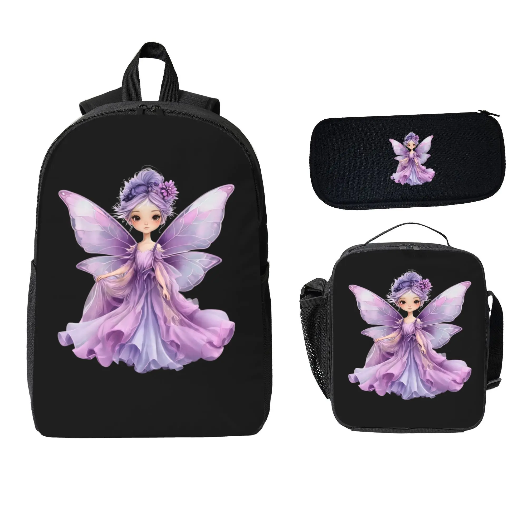 Universal 3 In 1 Cute Pastel Purple Floral Bun Transparent Wing Fairy Backpack Set For Elementary School Little Girls Gentle Whimsical Fairycore Princess Fantasy Lovers, Lightweight Water Resistant Polyester Soft Dreamy Aesthetic School Backpack