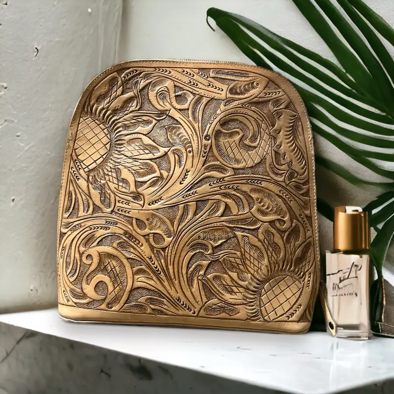 Golden Flor Leather Tooled Backpacks - Elegant Design with Intricate Patterns and Gold Finish