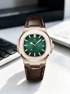 Luxury Men's Business Watch, Rose Gold Stainless Steel Case, Luminous Hands, Calendar Function, 30m Waterproof, Leather Strap, Square Watches, Fashionable Wristwatch