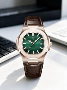 Luxury Men's Business Watch, Rose Gold Stainless Steel Case, Luminous Hands, Calendar Function, 30m Waterproof, Leather Strap, Square Watches
