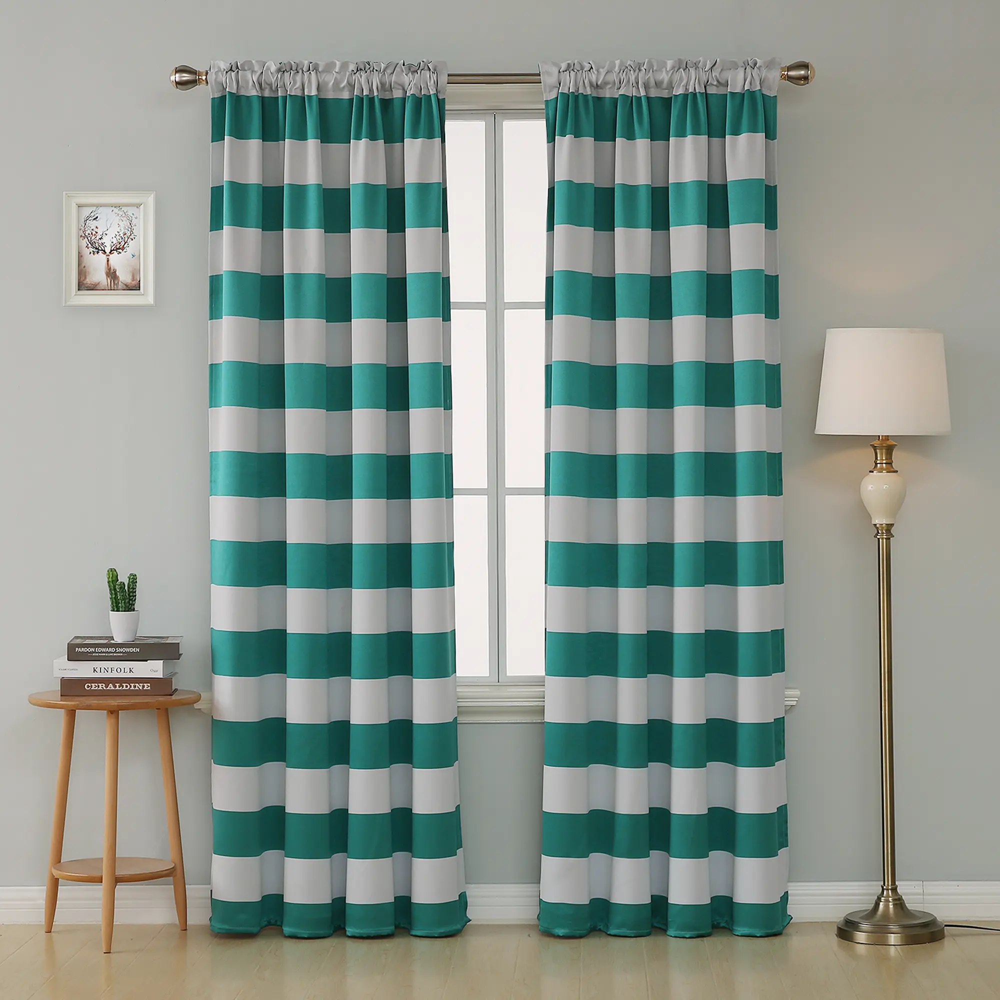Deconovo Blackout Curtains Striped Two-Color Solid Panels Rod Pocket Design Teal & White Stripes for Home Decor