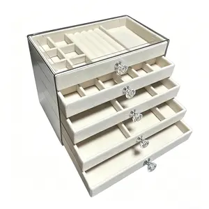 Multi-Functional 5-Layer Jewelry Storage Box Transparent Jewelry Case with Crystal Handle Velvet Interior for Ring Earring Necklace Bracelet Display Bedroom Dressing Table