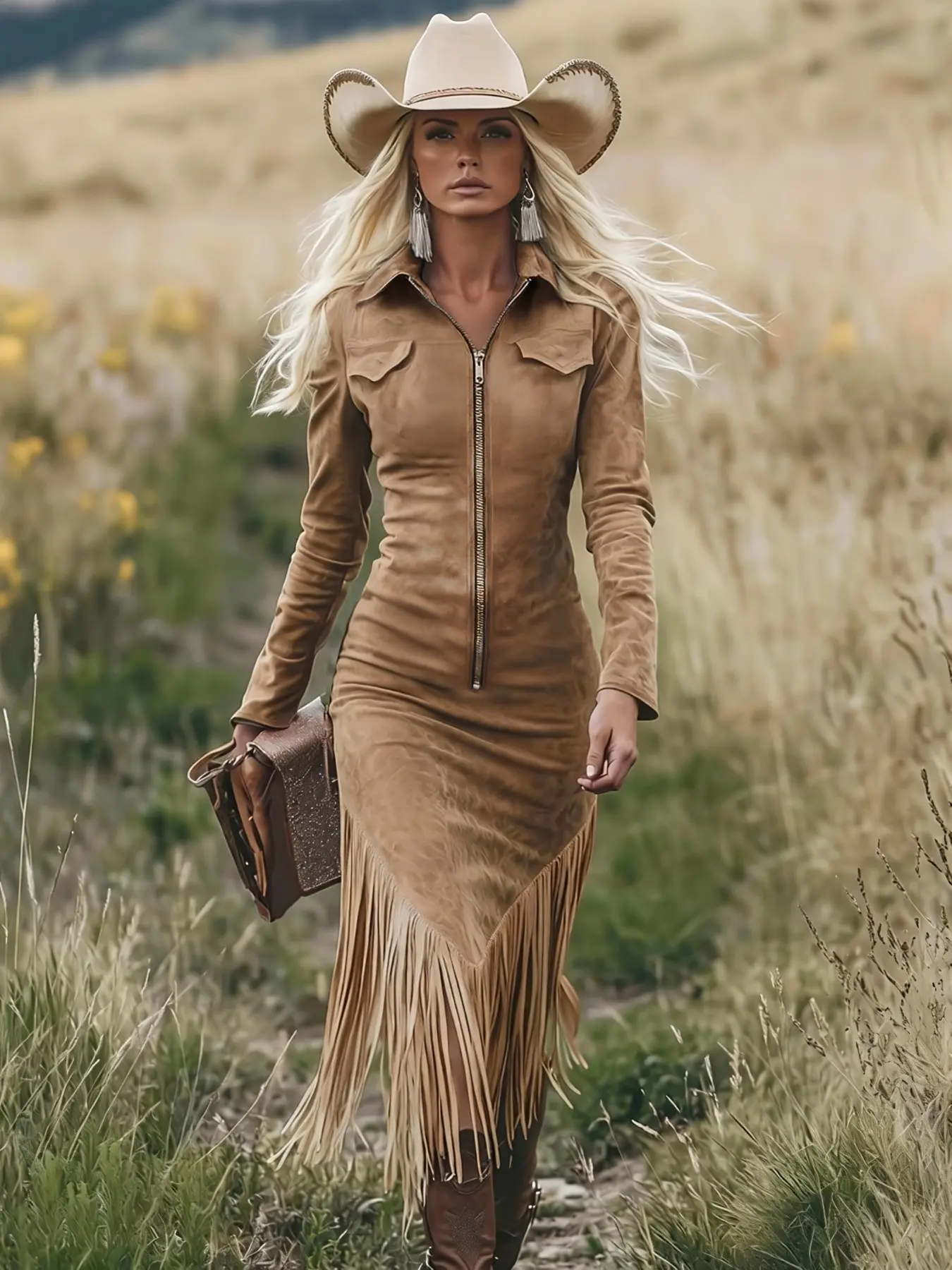 Fashion Vintage Elastic Long Sleeve Fringe Mini Dress, Slim-Fitting Plain Design, Zipper Detail, Fall & Winter Wear Womenswear