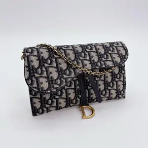 Pre-owned Dior canvas Crossbody Bags Christian Trotter Pattern Chain Wallet Shoulder Bag Saddle Long Wallet