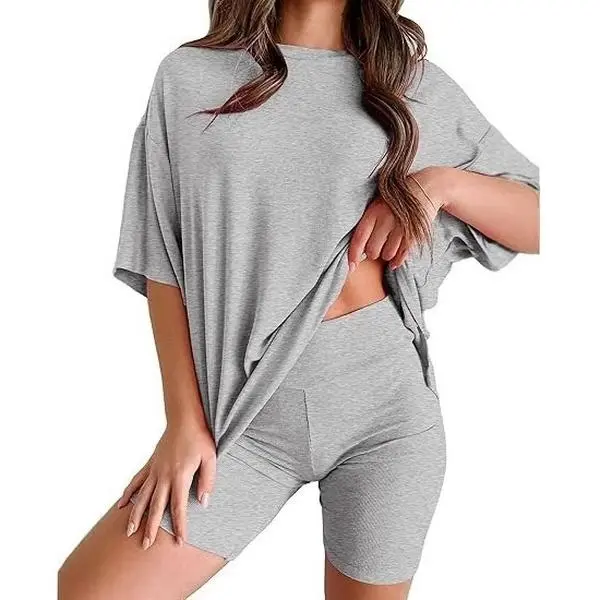 Women's Casual Two Piece Outfit Summer Crewneck Oversized Split Hem Shirt with Side Pocket Biker Shorts Soft Viscose Fabric Minimalist Lounge Wear Cozy Pjs