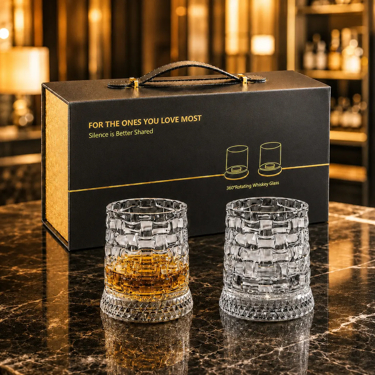 Whiskey Glasses Gift Set of 2, 9.5 oz Lead-Free Crystal 360° Rotating Glass Cups with Gift Box, Old Fashioned Drinking Glasses for Bourbon, Scotch & Cocktails