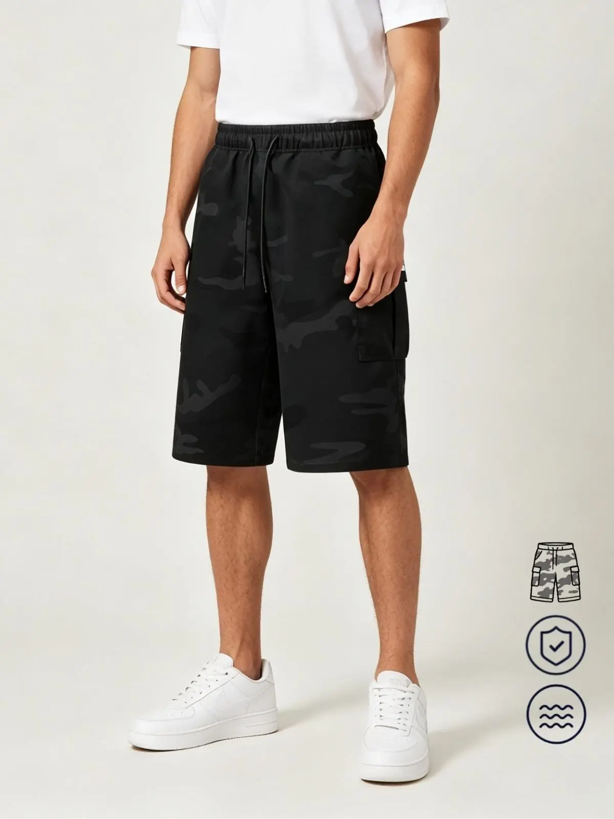 Men’s camouflage cargo shorts with elastic drawstring waist, multiple pockets, loose knee-length casual shorts—summer outdoor street-style camouflage mid-length shorts