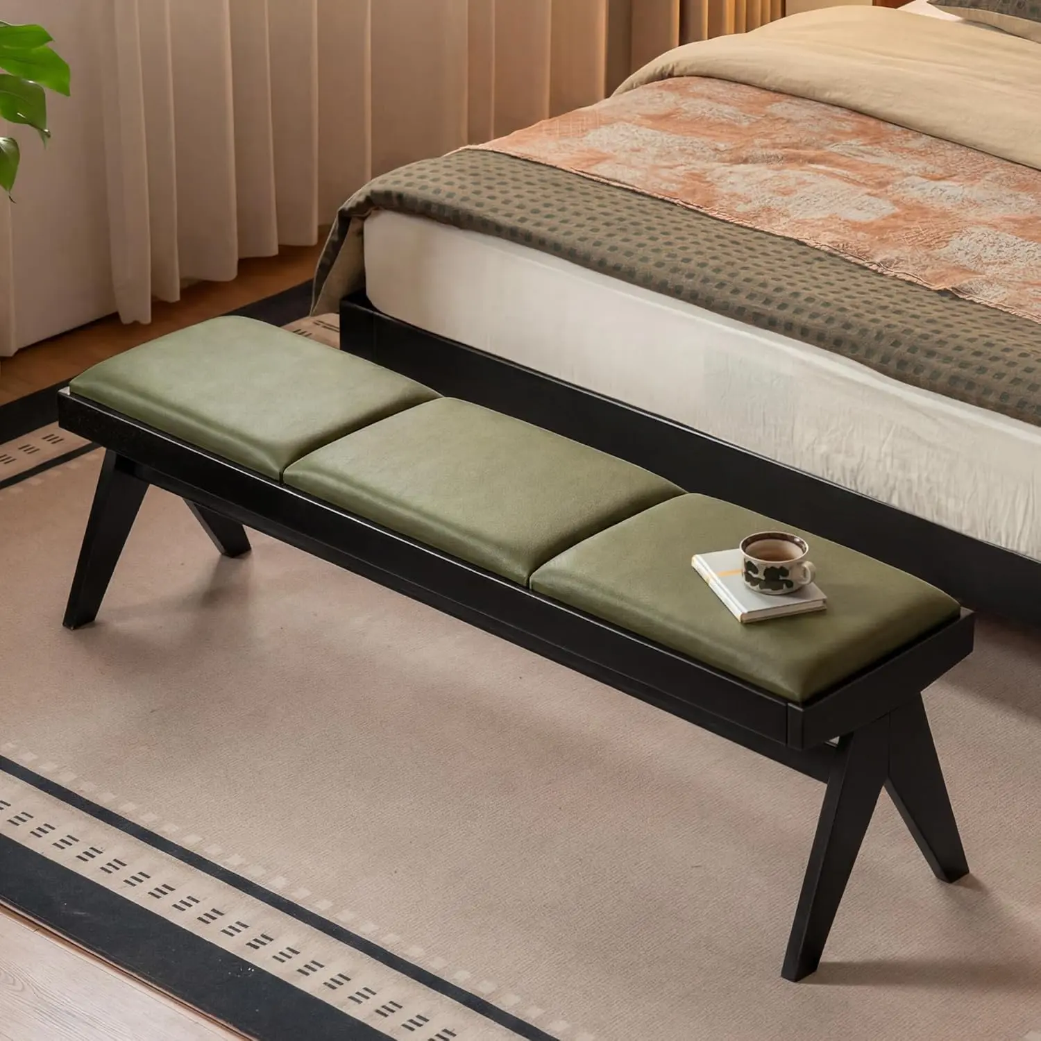 YESWOOD 55.1'' Leather Upholstered Dining Bench with X-Shape Leg & Green Cushion, Solid Rubberwood Long Bench for Dining Table, Wood Entryway Padded Bench for End of Bed Bench for Bedroom Living Room