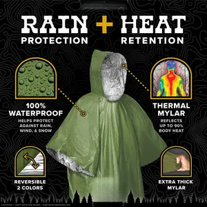 Rain + Heat Emergency Poncho - Wearable Mylar Space Blanket For Hiking, Camping, First Aid, Survival