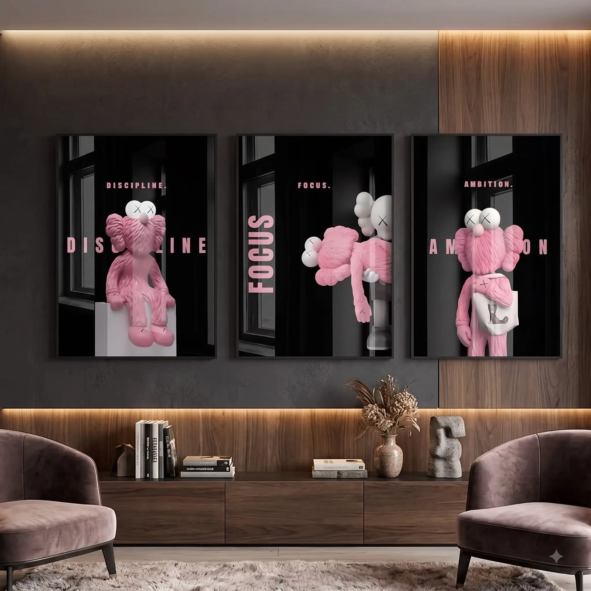 Pink Black Wall Art Set of 3, Minimalist Motivation Poster Triptych, Discipline Focus Ambition Decor, Modern Bedroom Office Decoration