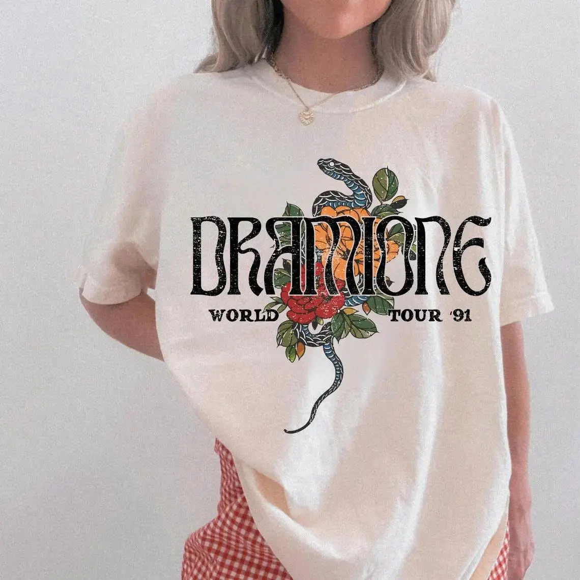 Women's Loose Fit Round Neck Dramione T-Shirt - Unisex Comfort Colors Manacled Top, Dracotok Hermione Oversized Potter Fanfic Merch for Universal Vacation, Fabric, Casual