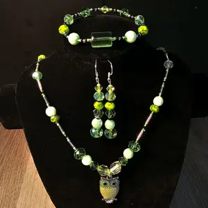 Gabriela Haller HigherKii Artique Mintii Owl Jewelry Set with Tear Drop Shaped Pendant and Beaded Necklace Set