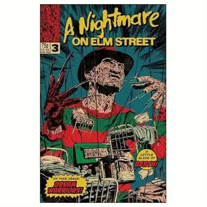 "A Nightmare on Elm Street" Retro Comic Poster –  Classic Horror Movie Art in Vintage Comic Style, Designed for Home Theaters, Game Rooms, Man Caves, or Kitchen Paintings as Bold Room Décor.