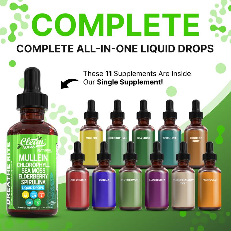 Clean Nutra Chlorophyll, Sea Moss, Elderberry, Spirulina, Licorice, Tart Cherry, Lobelia, Motherwort & More for Lung Detox Liquid Drop – Breathe Rite