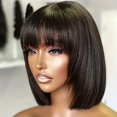 Straight Short Bob Wig With Bangs Double Drawn Bob Wigs Glueless Straight Wigs On Sale Clearance Straight Human Hair Bob Wigs With Bang Full Machine Made Wigs Brazilian Natural Color 16 Inch For Women