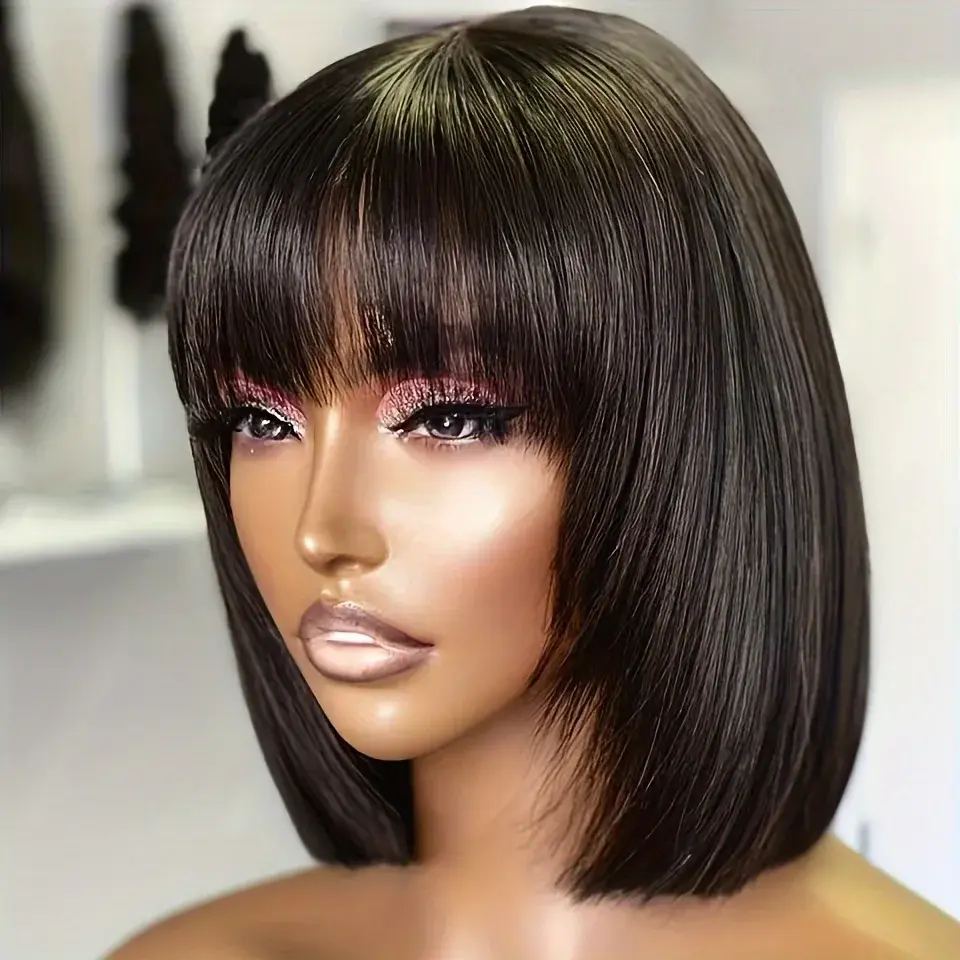Straight Short Bob Wig With Bangs Double Drawn Bob Wigs Glueless Straight Wigs On Sale Clearance Straight Human Hair Bob Wigs With Bang Full Machine Made Wigs Brazilian Natural Color 16 Inch For Women