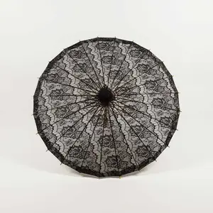 28" Black Lace Cotton Fabric Bamboo Parasol Umbrella