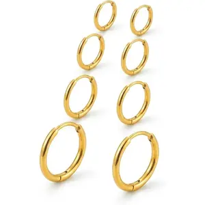 4 Pairs 14K Gold Plated Hoop Earrings for Women, Small Huggie Hoop Set 18G (1.0mm), 6mm 8mm 10mm 12mm Cartilage Helix Lobe Earrings, Hypoallergenic Lightweight Clicker Hoops