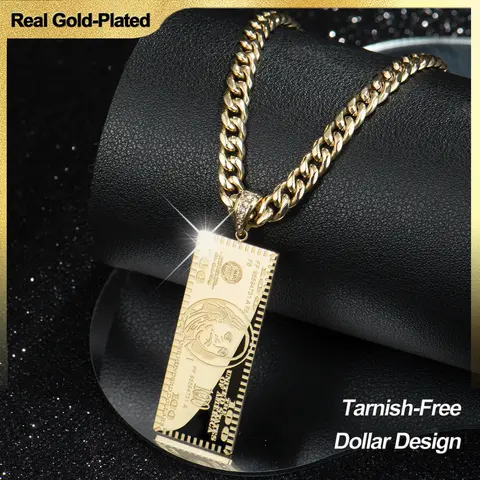 Holylegend 14K Real Gold-Plated Double-Sided Mini Dollar Necklace with Iced Connector, 24" Cuban Chain, Men's Jewelry Hip Hop Gift for Streetwear Lovers,Father's Day Gift