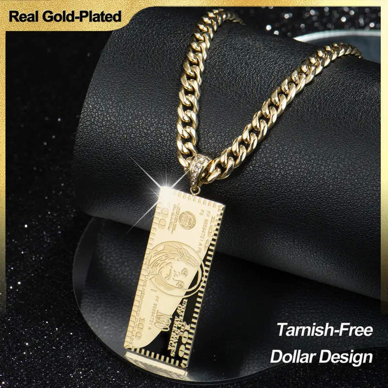 Holylegend 14K Real Gold-Plated Double-Sided Mini Dollar Necklace with Iced Connector, 24" Cuban Chain, Men's Jewelry Hip Hop Gift for Streetwear Lovers,Father's Day Gift