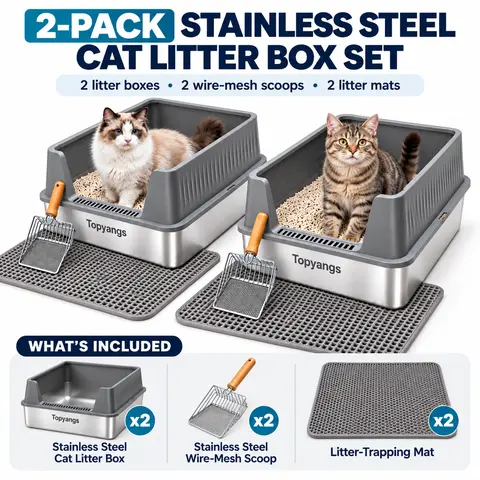 Topyangs 2-Pack Stainless Steel High Sided Litter Box - Grey Tray with Non-Stick Surface, Leak-Proof Walls, Litter Scoop, 2-Pieces Value for Easy Cleaning & Blocking Splashing Urine
