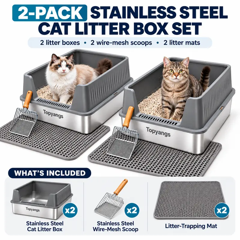 Topyangs 2-Pack Stainless Steel High Sided Litter Box - Grey Tray with Non-Stick Surface, Leak-Proof Walls, Litter Scoop, 2-Pieces Value for Easy Cleaning & Blocking Splashing Urine