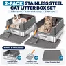 Topyangs 2-Pack Stainless Steel High Sided Litter Box - Grey Tray with Non-Stick Surface, Leak-Proof Walls, Litter Scoop, 2-Pieces Value for Easy Cleaning & Blocking Splashing Urine