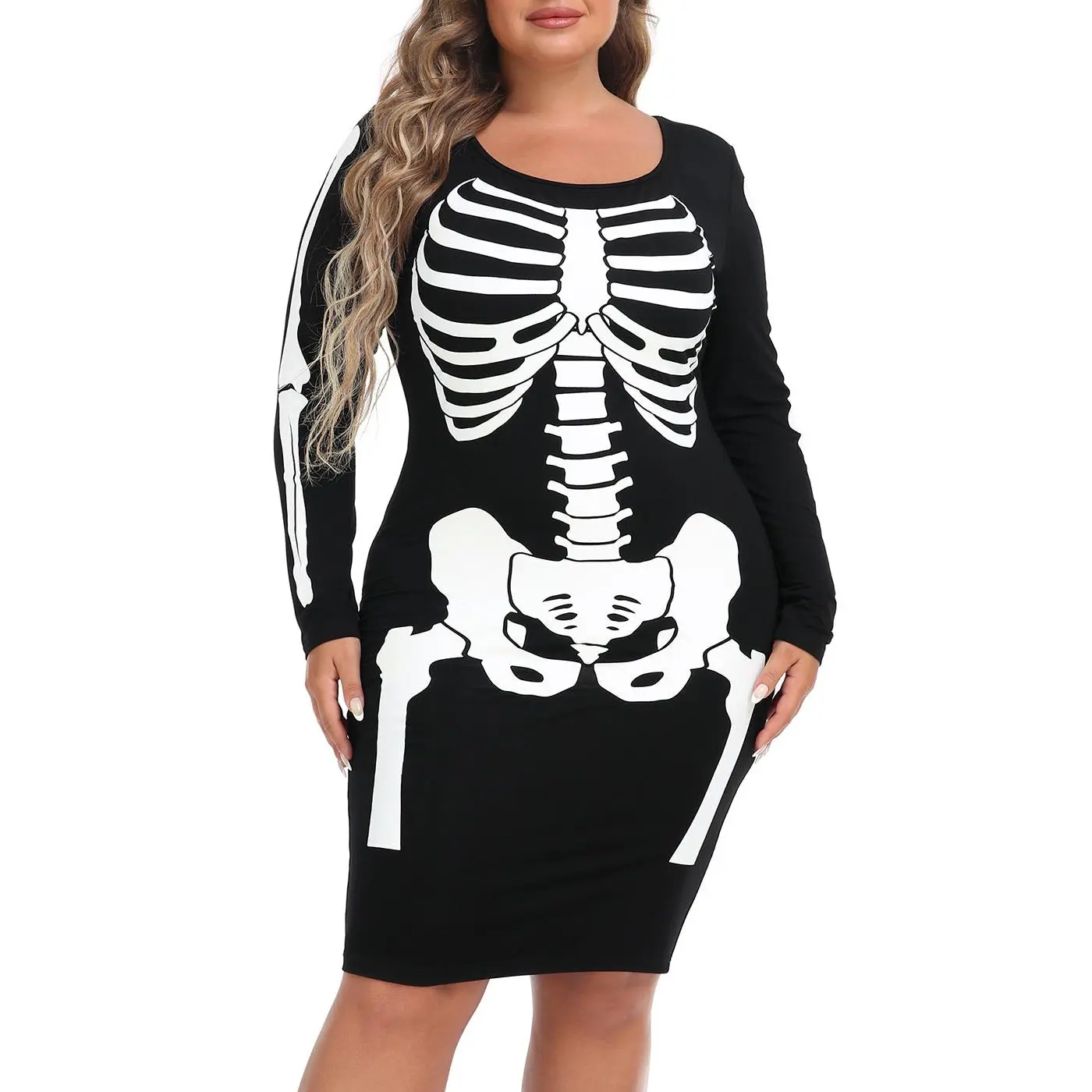 HDE Women's Plus Size Classic Skeleton Halloween Costume Dress - Stretchy Spandex, Adjustable Bust, Zipper Closure, Spooky Elegance, Lightweight, Flexible Fit, Breathable, Long Sleeves Add Coverage, Classic Skeleton Character, Halloween Costume Ideas