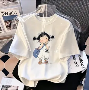 Women's 100% Cotton Oversized Short-Sleeve Graphic T-Shirt, Whimsical Sketch Girl with Backpack Print, Y2K Aesthetic Crew Neck Medium-Length Fabric Top, Casual Streetwear Comfortable Breathable, Round Neck tiktokshopspringglowup