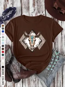 Women's Cow & Bull Head Print Round Neck Tee, Casual Short Sleeve T-shirt for Daily Wear, Ladies Clothes for All Seasons, Top