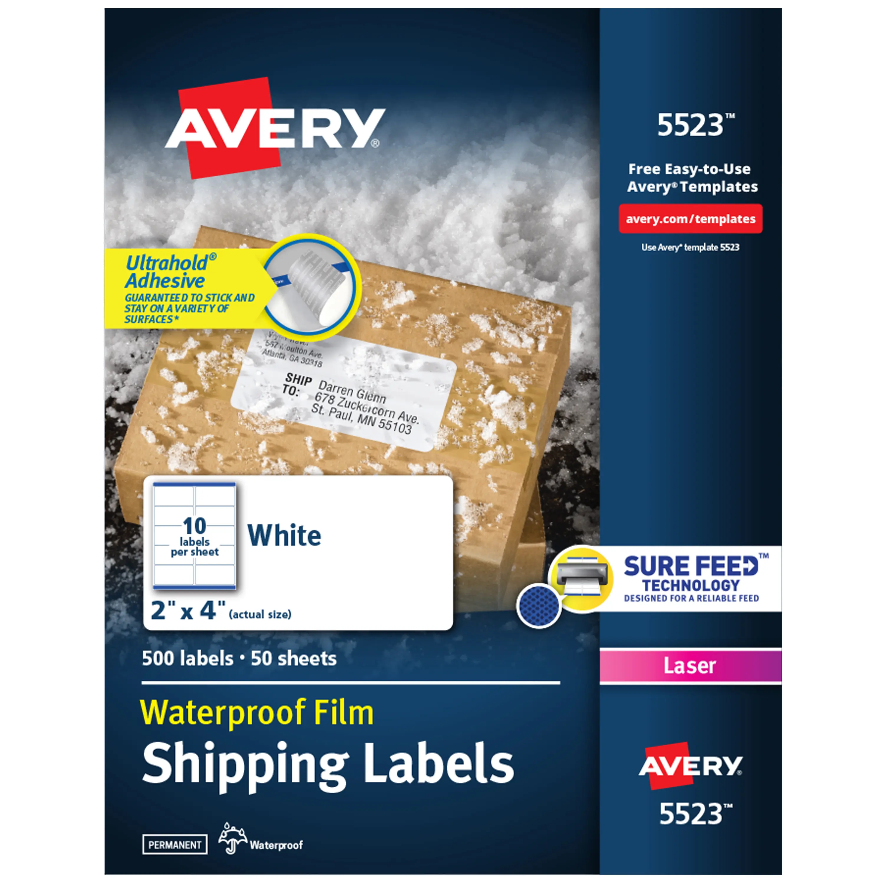 Avery Waterproof Shipping Labels with UltraHold Permanent Adhesive, 2"x4", 500 Labels for Laser Printers (5523)