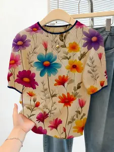 Summer Floral Print Knit Vest, Round Neck Long Sleeve Casual Top, Loose-Fitting Outer Vest for Daily Wear, Versatile Office-Style Clothing