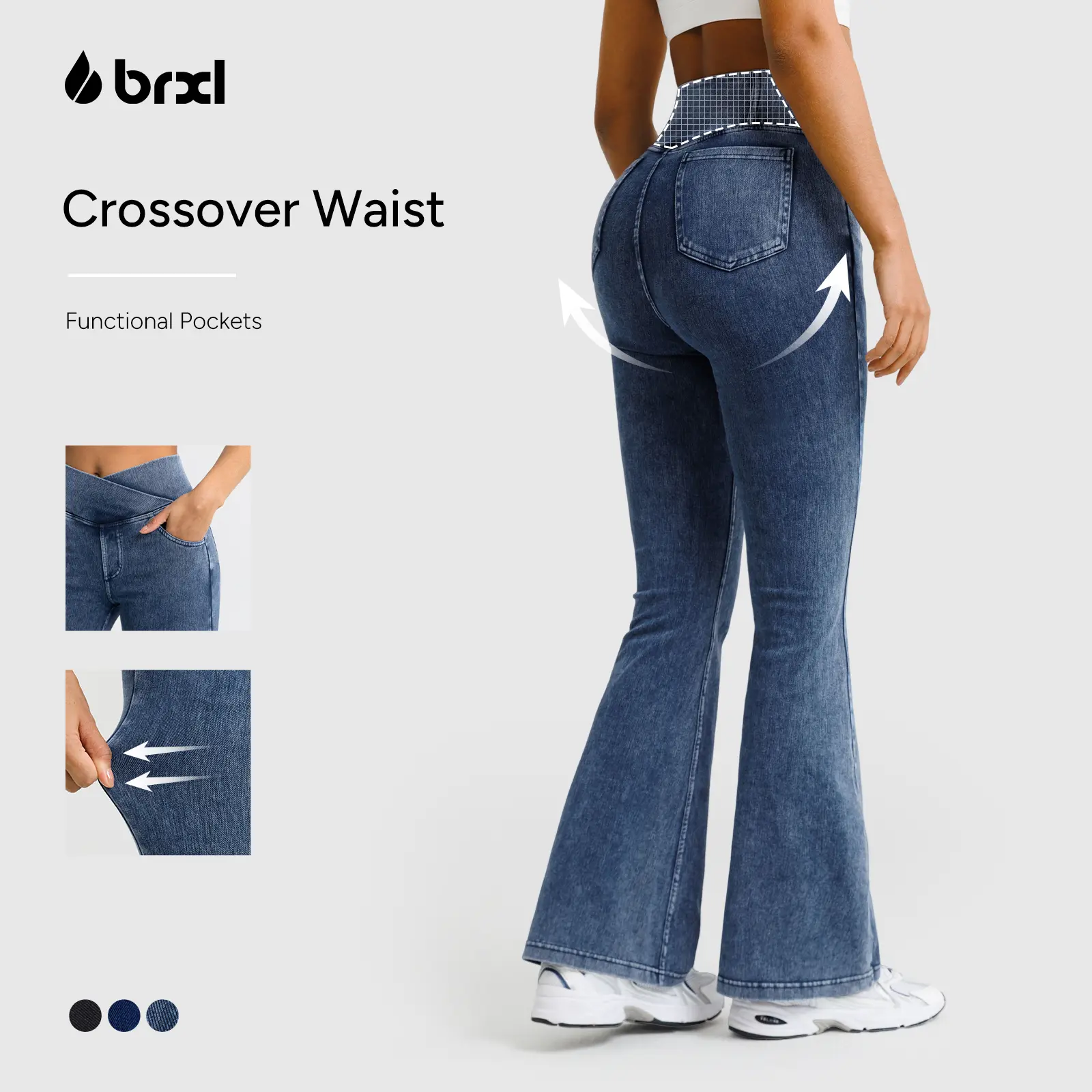 BRXL Women's High-Waisted Stretchy Crossover Denim Bottoms - Fitted Flare Bootcut Sports Pants with Pockets, Women's Fashion Flare Leggings Style Streetwear, Bottom, Sports Bottoms