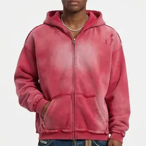 Vintage Washed Zip Up Hoodie Heavyweight 400G Oversized Faded Hoodie Y2K Streetwear Full Zip Jacket