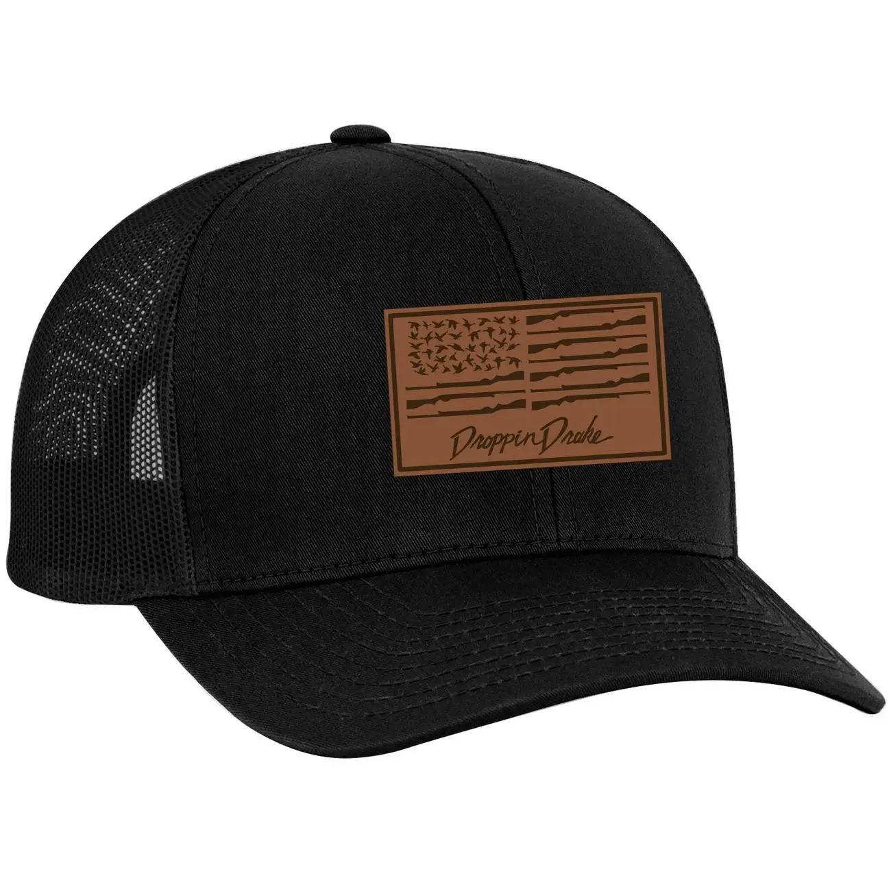 Droppin Drake Men's Duck Flag Laser Engraved Trucker Hat  Leather Patch Richardson 112