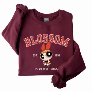 Blossom Powerpuff Sweatshirt, Powerpuff Girls Character Sweatshirt, Cute Cartoon Weightlifting Tee, Gym Shirt, Graphic Gym Shirt, Vintage Washed Tee Cotton, Gym Shirt Women, Casual Streetwear Top for Men & Women Womenswear