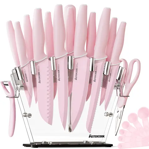 ASTERCOOK Kitchen Knives Set - High-Carbon Stainless Steel Cooking Kitchenware, Sharp Multi-Size Serrated Steak Knives, Scissor, Storage Block, Sharpening Tool, Limited Edition for Precision Cutting, Cutting Bread, Sharpness, Dishwasher Safe