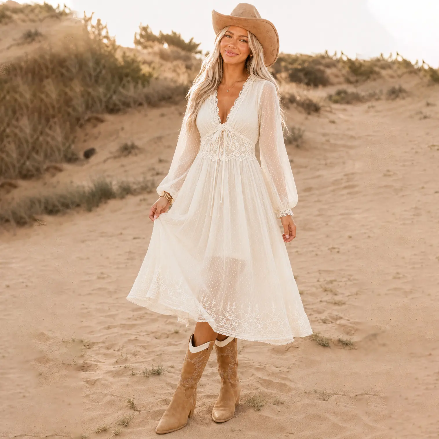 Women’s Dress Jacquard Dot Chiffon Lace Boho Western for Coachella Music Festival Desert Vacation Ranch Wedding Seaside Holiday Cowgirl Party
