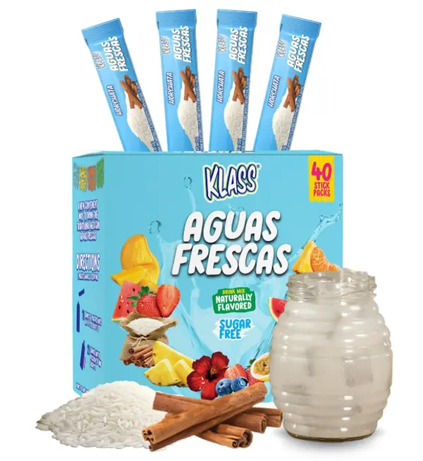 Klass Aguas Frescas, Powdered Drink Mix, 40 Singles Zero Sugar & Caffeine-Free Powder Packets, Water Drink Mix, Flavor: Horchata - 5 Calories Per Packet & Natural Flavors